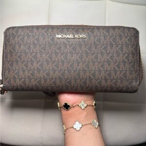 Michael Kors Brown Signature Zip-Around Wallet with Gold Logo